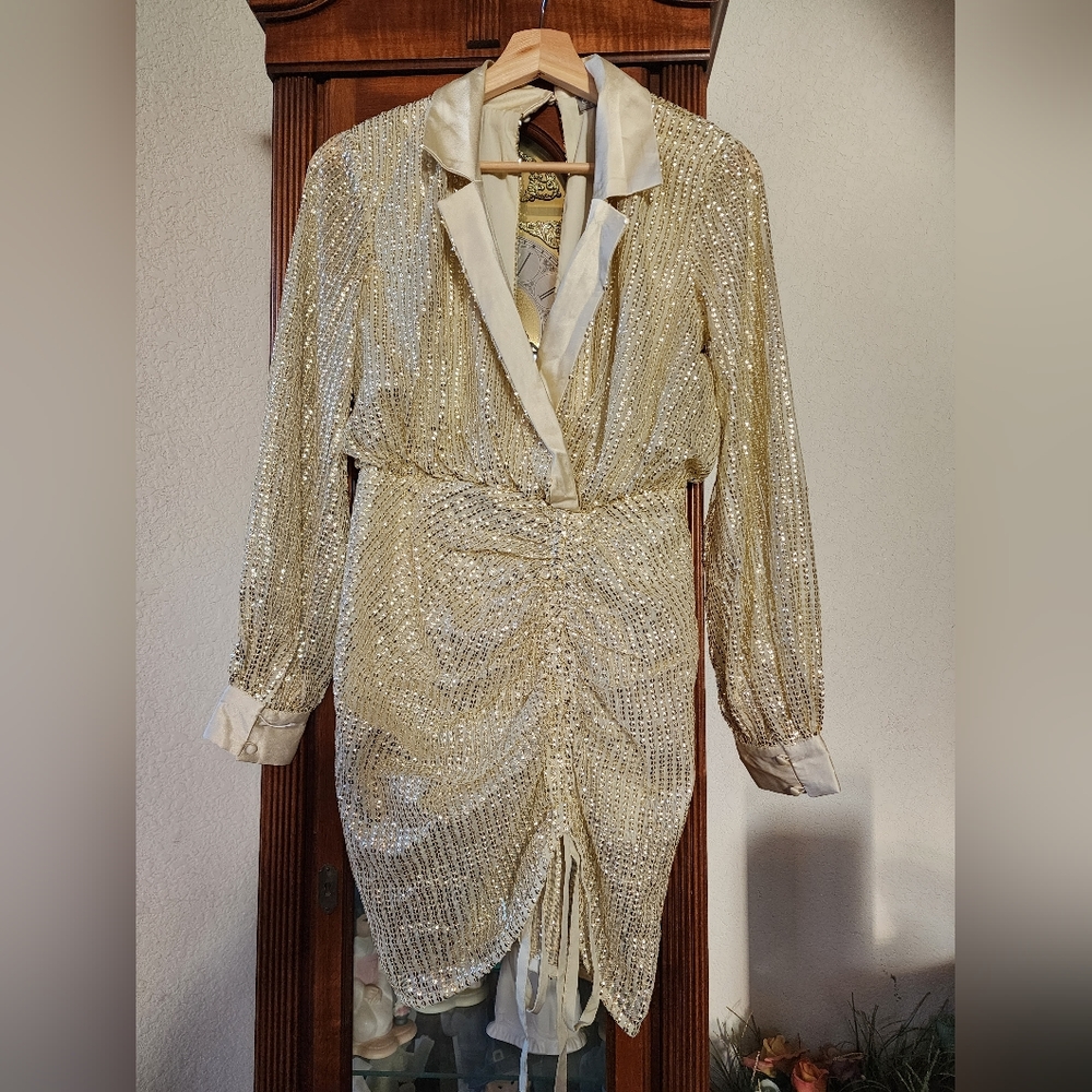 ASOS Embellished Tux Mini Dress Size 0 Small Gold Off White Ivory Color